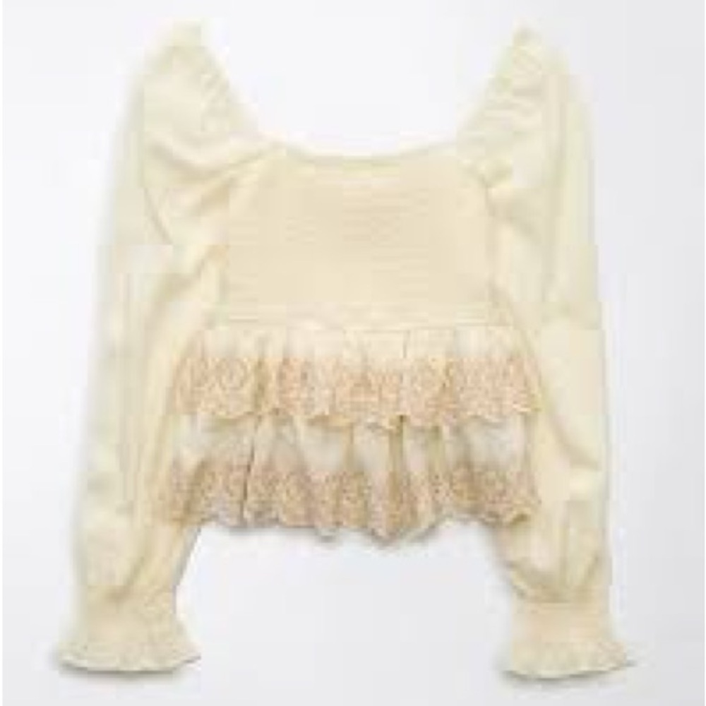Cream Lace Puff Sleeve Shirt
